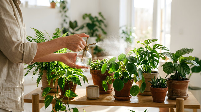 Person spraying water on houseplants on a wooden shelf in a bright room