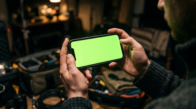Person holding a smartphone with a green screen in a dimly lit room with production equipment in the background