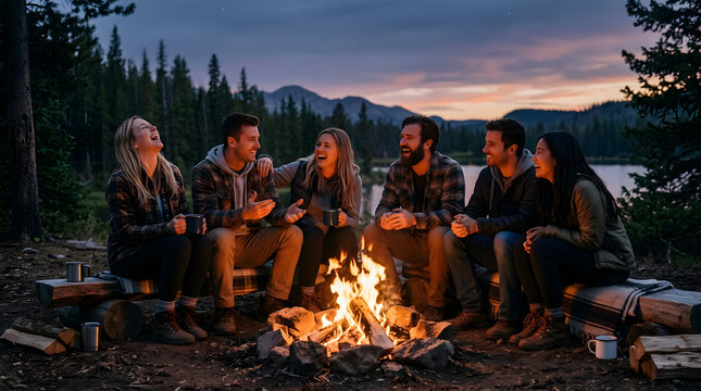 Friends laughing around a campfire at dusk with a lake and mountains in the background