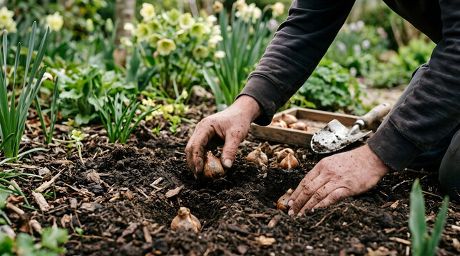 Gardener planting flower bulbs in rich soil surrounded by emerging green shoots and early spring blossoms