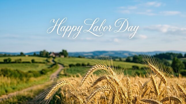 A beautiful scenic view of golden wheat fields under a clear blue sky for labor day celebration