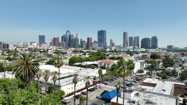 Los Angeles Downtown and Palm Trees Pico Union Aerial Shot Descend