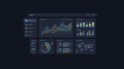 Fototapeta premium Dark theme business dashboard with world map and graphs.