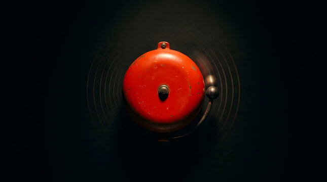 Vintage Red Alarm Bell Ringing with Sound Waves Emanating on Dark Background
