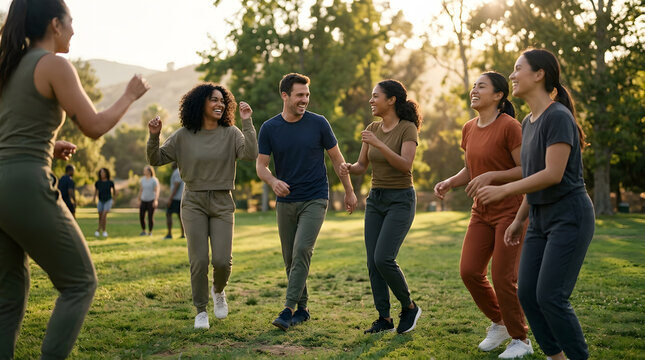 Diverse group of adults enjoying an outdoor fitness class in a sunny park setting