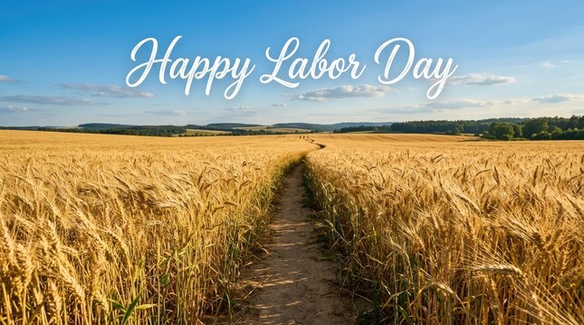 A beautiful golden wheat field under a bright blue sky celebrating the american labor day holiday season