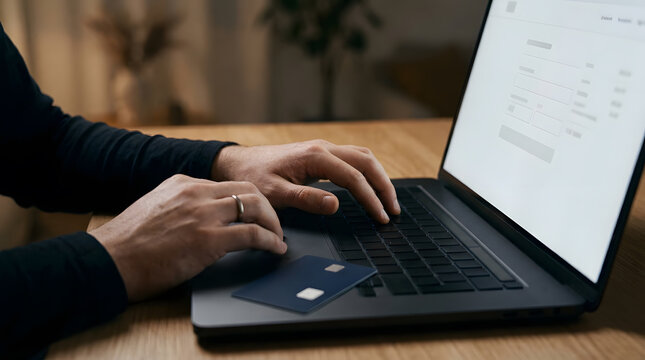 Person typing on laptop with credit card on keyboard for online shopping or payment