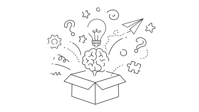 Creative Brainstorming Symbols Emerging From Open Box Outline Animation. Linear Brain, Light Bulb, Puzzle, Gear, Question Marks, And Paper Plane in Simple and neon Glow Style. 
