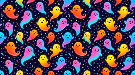 Naklejka premium Seamless pattern with colorful gradient ghosts and confetti on a dark background