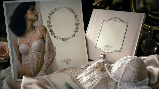 Elegant lingerie branding mockup with luxury stationery, lace garments and feminine fashion styling in a sophisticated boutique setting