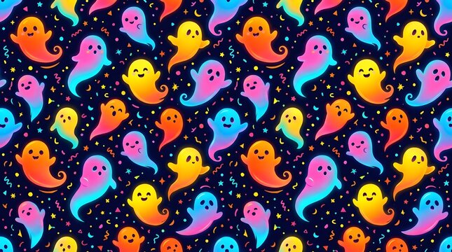 Seamless pattern with colorful gradient ghosts and confetti on a dark background