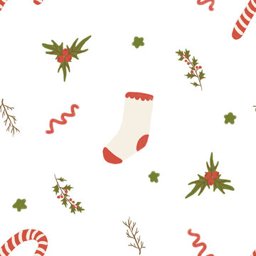 Hand Drawn Christmas Seamless Pattern with Holiday Doodle Elements