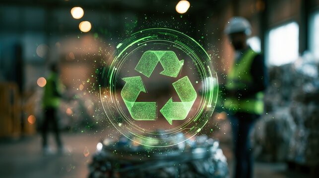 Circularity resource loop system turning waste into value and addressing supply chain complexity concept pros and cons selective focus zero waste theme surreal blend mode recycling center backdrop. 