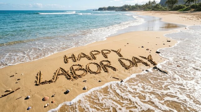 Happy labor day message written in the sand on a beautiful tropical beach with ocean waves