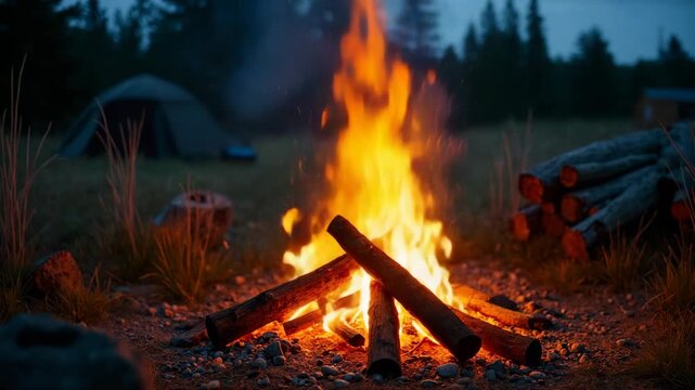 Warm campfire burning with bright flames on a forest campsite at dusk, surrounded by nature and tents. Perfect for adventure, travel, or outdoor-themed backgrounds and cards.