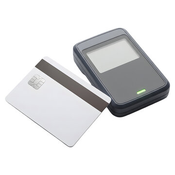 Blank white smart credit card with chip next to pos payment terminal isolated on transparent background