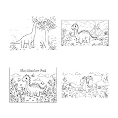 Fototapeta premium Set of four cute dinosaur coloring pages for children featuring various prehistoric scenes and friendly cartoon characters