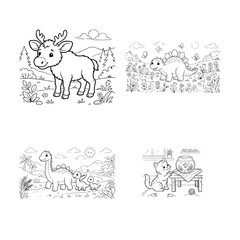 Set of four cute animal coloring pages for children featuring a moose dinosaurs and a curious kitten © UMMAH