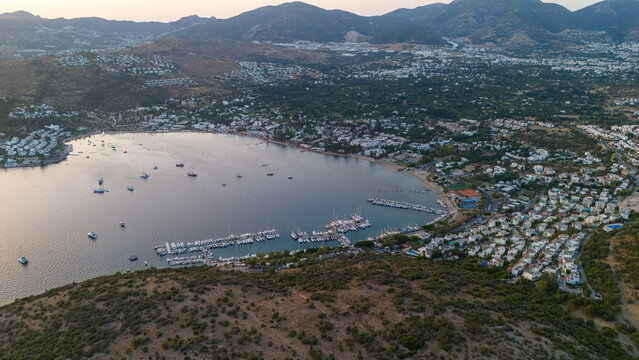 Aerial Sunset View of Bitez Bay Marina Bodrum Turkey
