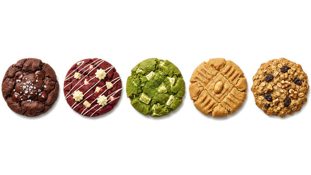 Five assorted gourmet cookies arranged in a row on a clean background, for generated using ai
