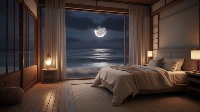 Luxury bedroom in japanese style with wooden floor and full view of moonlit ocean waves at night through large moon interior sea window sleep moon interior sea window sleep