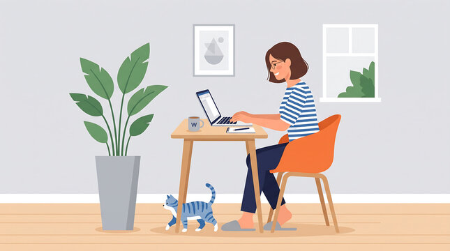 Woman Working on Laptop at Desk in Home Office with Cat and Houseplants Flat Vector Illustration