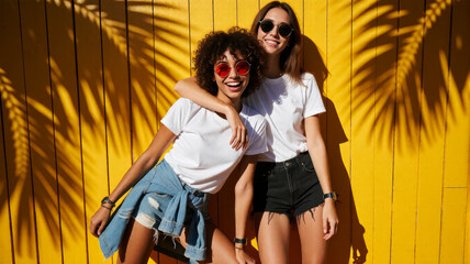Obraz premium Two happy friends posing with sunglasses