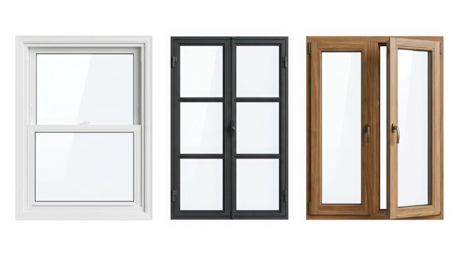 Three different window frame styles including white, black, and natural wood generated using ai