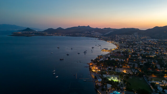 Aerial Sunset View of Bodrum Bay Coastline at Dusk
