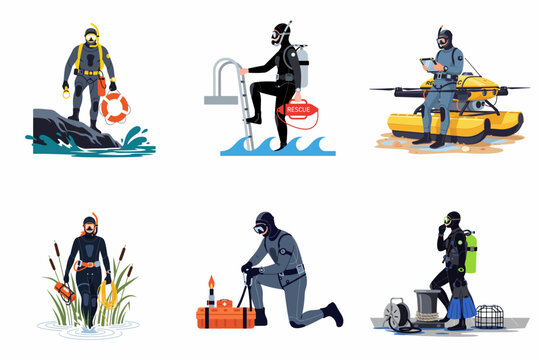 Set of Professional Scuba Divers and Marine Technicians with Diving Gear, ROV Underwater Drone, Rescue Equipment, and Specialized Maritime Tools for Exploration and Maintenance Illustration