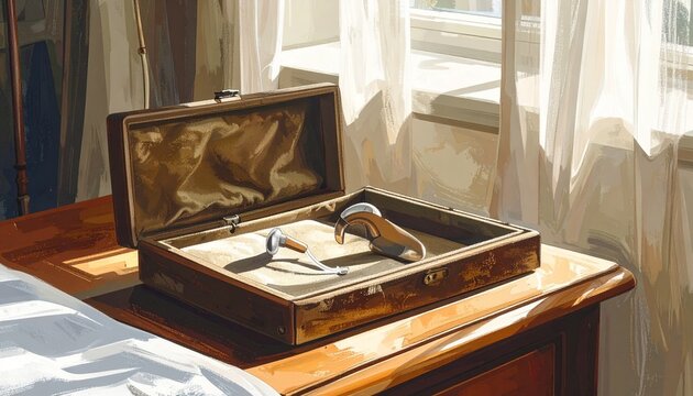 Vintage wooden box with tools on bedside table by window.