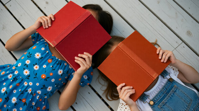 Two kids hide faces with books on wood floor, suggesting fun and learning