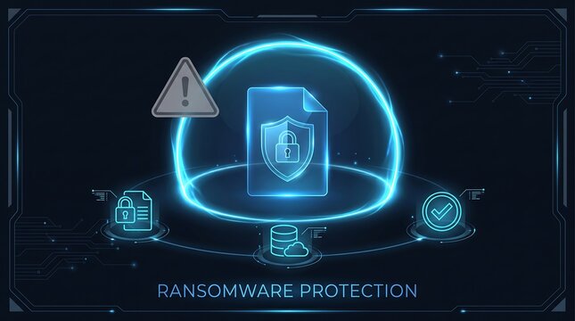 Futuristic holographic cybersecurity interface displaying digital shield protection against ransomware attacks in a high tech environment