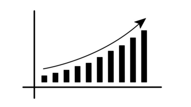 Animated footage of statistics bar growth with upward arrow - finance bar graph rising up, increase progress economic chart, graph, motion graphic..