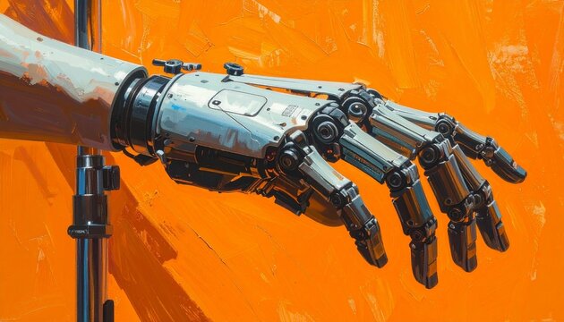 Futuristic Robotic Hand Against Bright Orange Background.