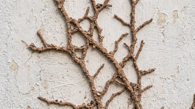 Termite mud tubes crawling across aged white plaster wall surface in natural sunlight bright outdoor setting