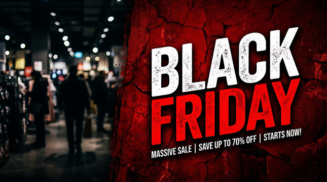 Black Friday Massive Sale Banner With Grunge Red Texture And Blurred Store Background