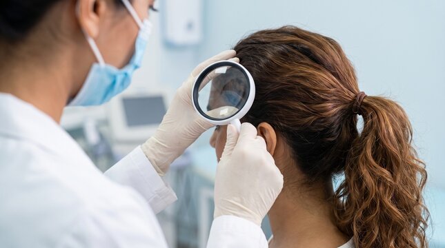 Professional dermatologist wearing surgical gloves examines a patient scalp with magnifying glass during routine clinical checkup inside bright medical office