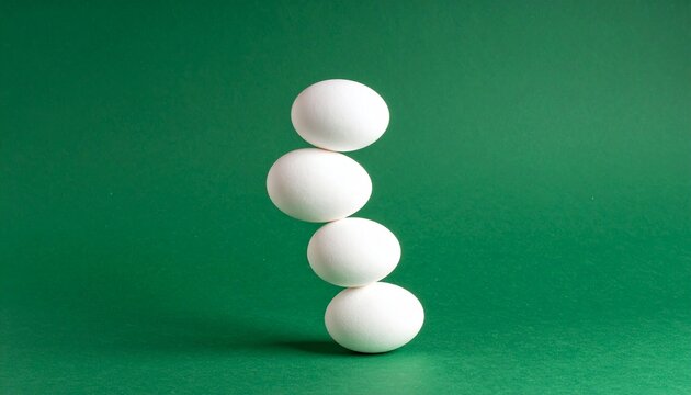 Precarious stack of four white eggs balancing on green background with vertical stability challenge ingredient nutrition