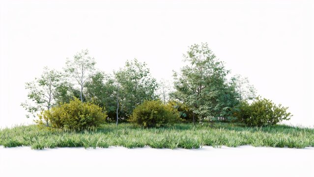 3 d render of a small cluster of green trees and shrubs on grass