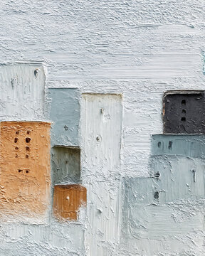 Terracotta Accents - a rhythmic, wind-swept plaster ground against which geometric forms emerge like fragments of ancient or urban structures.