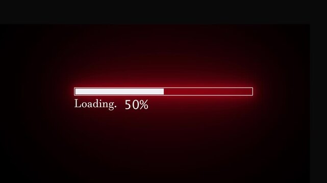 Red neon loading progress bar animation with percentage counter on dark black background