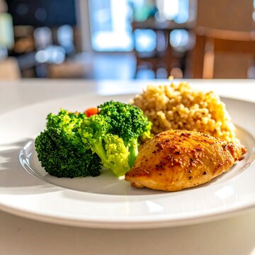 Healthy Homemade Dinner Plate with Grilled Chicken Broccoli and Rice.