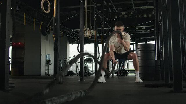 Dedicated Caucasian muscular man athlete training with battle ropes in gym male sportsman powerful healthy bodybuilder intense workout exercise strength endurance cardio fitness equipment challenge
