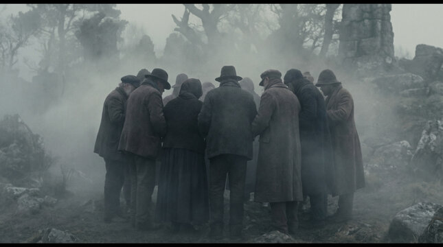 Group of people in vintage clothes gathering in the thick fog