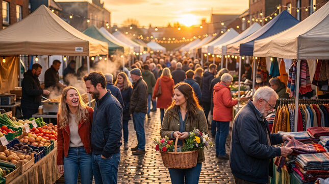 Happy people browsing a busy outdoor street market at sunset
