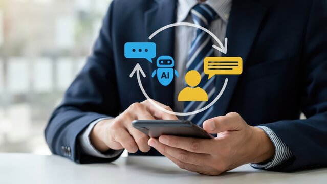 Professional using smartphone with AI chat interface communication cycle