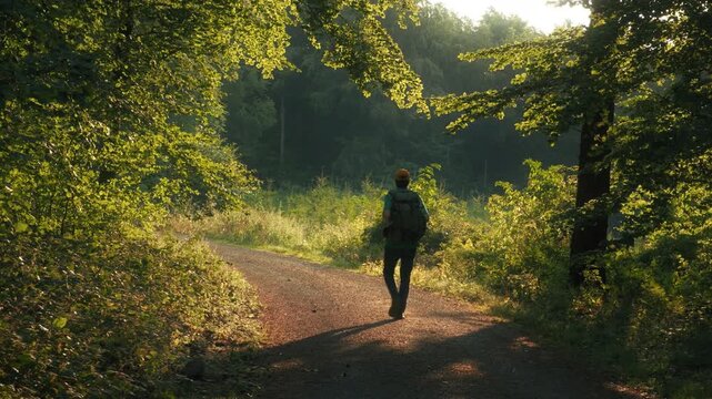 Male hiker with backpack walking on a scenic sunlit path in a green forest