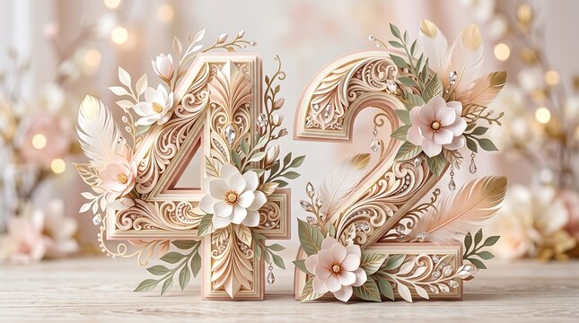 Decorative number 42 with floral ornaments and soft bokeh background for anniversary