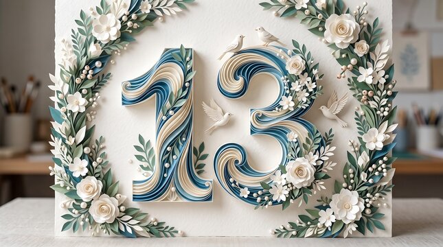 Number 13 made of paper quilling art with floral wreath frame for birthday anniversary